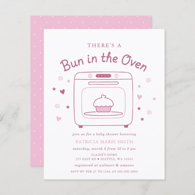 Budget Bun In The Oven Pink Baby Girl Baby Shower (Frente/Verso)