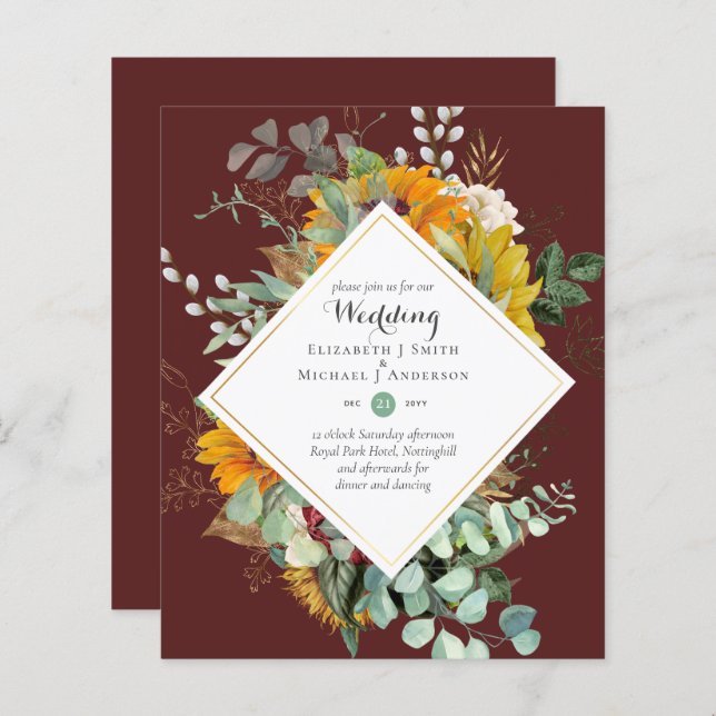BUDGET Burgundy Blue FLORAL Convites para Casament (Frente/Verso)