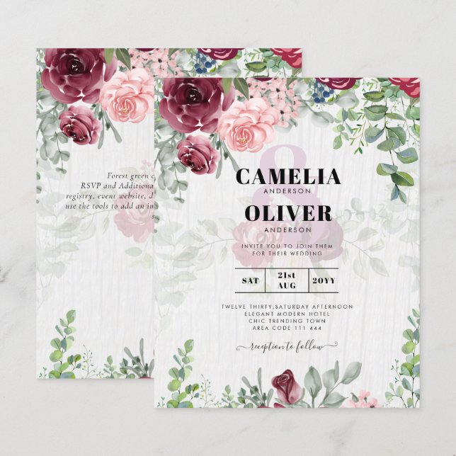 BUDGET Burgundy Blush Convite de casamento Floral  (Frente/Verso)