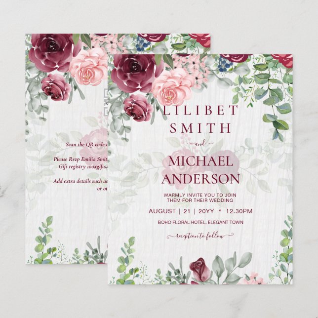 BUDGET Burgundy Blush Convite de casamento Floral  (Frente/Verso)