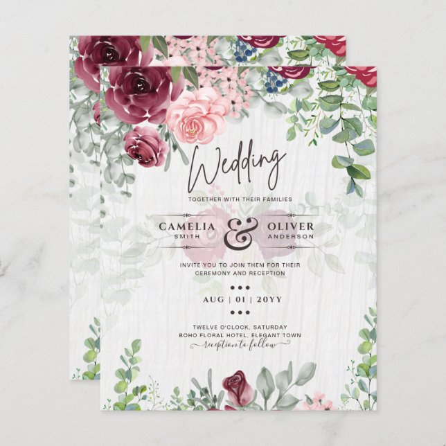 BUDGET Burgundy Blush Convite de casamento Floral  (Frente/Verso)
