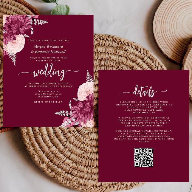Budget Burgundy Blush Floral QR Code Wedding (Criador carregado)