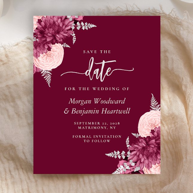 Budget Burgundy Blush Floral Wedding Save the Date (Criador carregado)