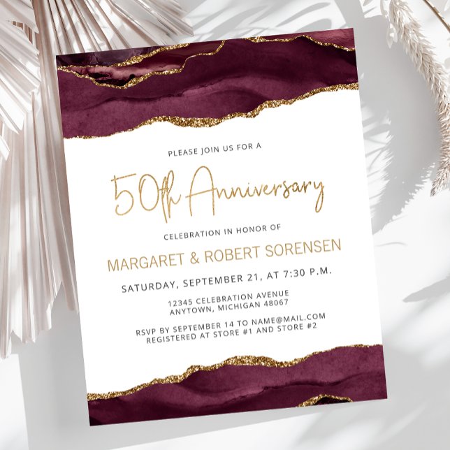 Budget Burgundy Gold Agate 50th Anniversary Invite (Criador carregado)