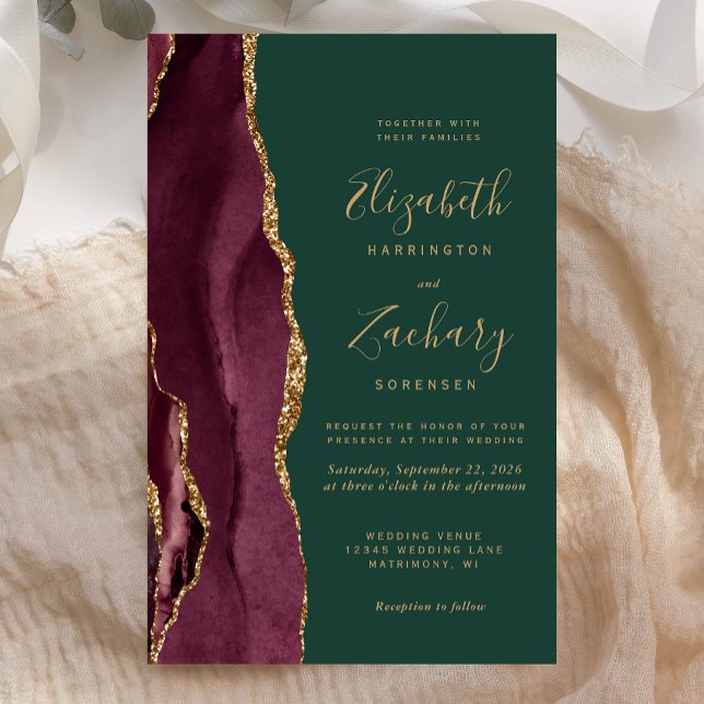 Budget Burgundy Gold Agate Green Wedding Invite (Criador carregado)
