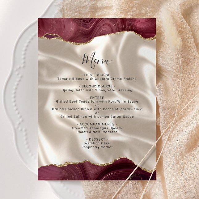 Budget Burgundy Gold Agate Silk Wedding Menu (Criador carregado)