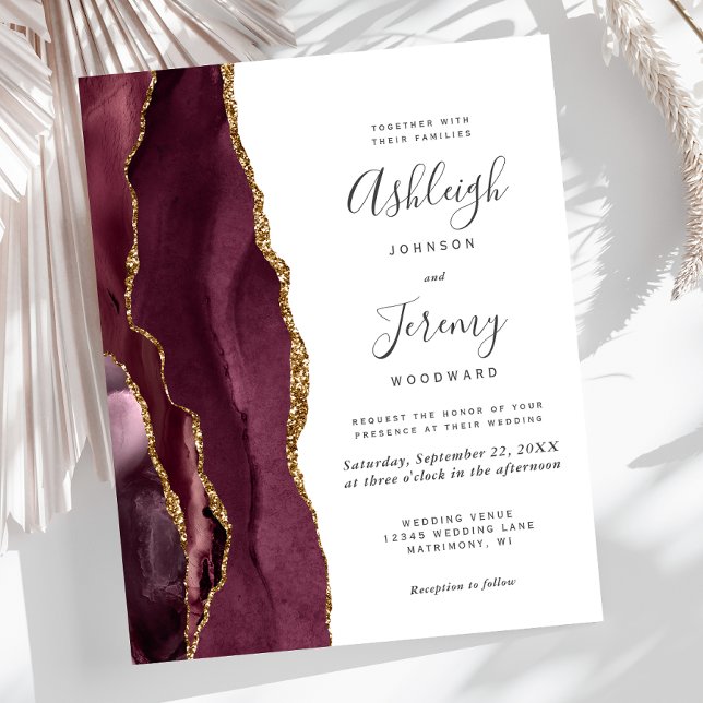 Budget Burgundy Gold Agate Wedding Invite (Criador carregado)