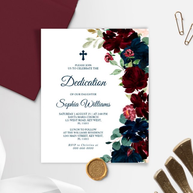 Budget Burgundy & Navy Blue Dedication Invitation (Criador carregado)