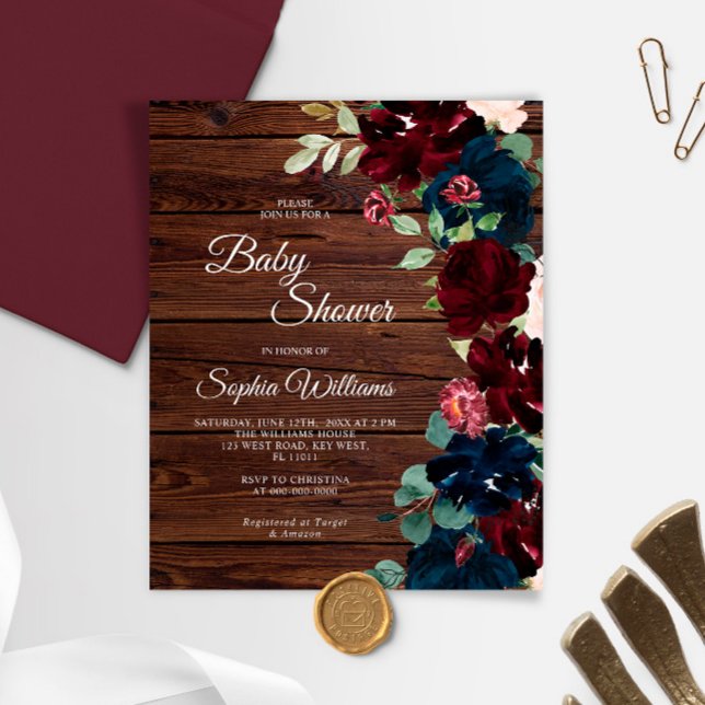Budget Burgundy & Navy Wood Baby Shower Invitation (Criador carregado)