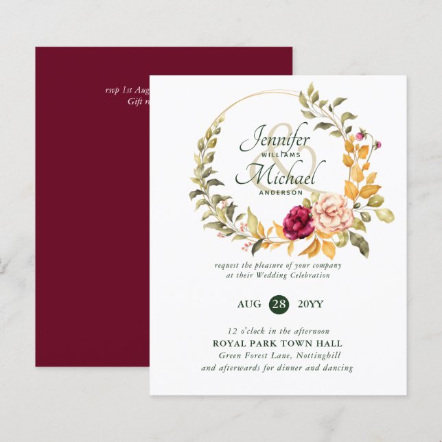 BUDGET Burgundy Peach Convites de Casamento Floral (Frente/Verso)