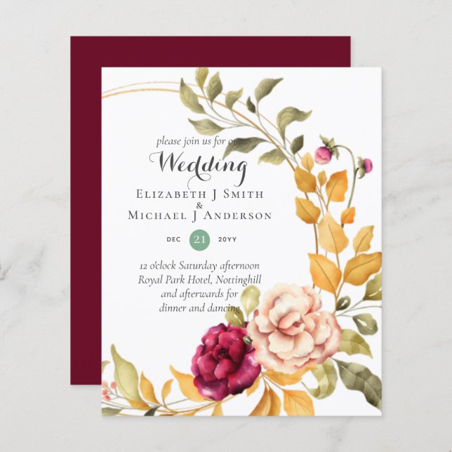 BUDGET Burgundy Peach Convites de Casamento Floral (Frente/Verso)