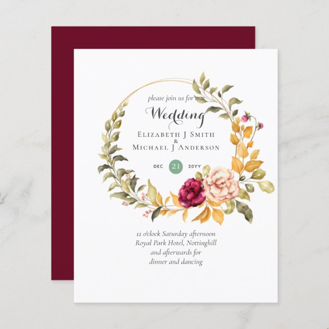 BUDGET Burgundy Peach Convites de Casamento Floral (Frente/Verso)