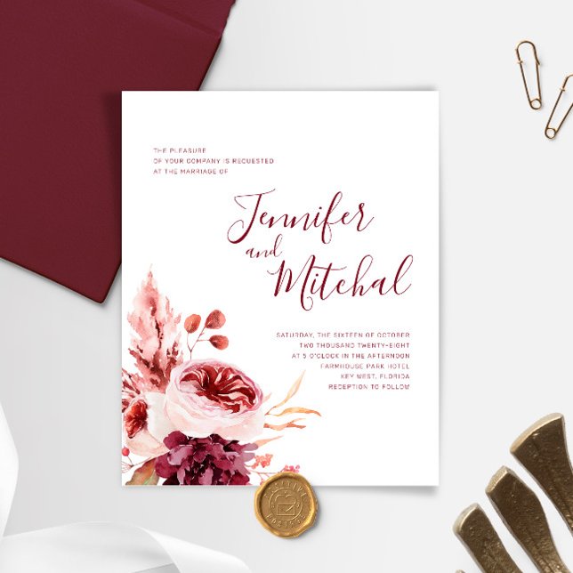 BUDGET Burgundy & Pink Fall Wedding Invitation (Criador carregado)