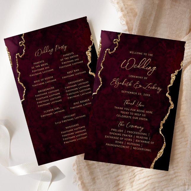 Budget Burgundy Red Gold Agate Wedding Program (Criador carregado)