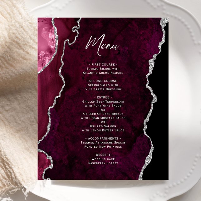Budget Burgundy Silver Agate Wedding Menu (Criador carregado)