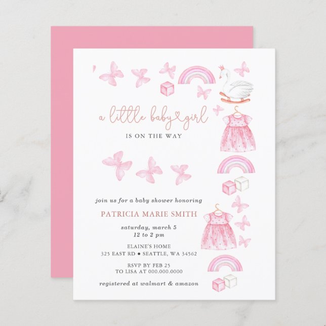 Budget Butterfly Pink Girl Baby Shower Invite (Frente/Verso)