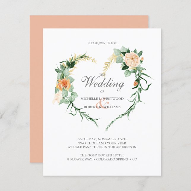 BUDGET Casamento de Coração Floral Romântico (Frente/Verso)