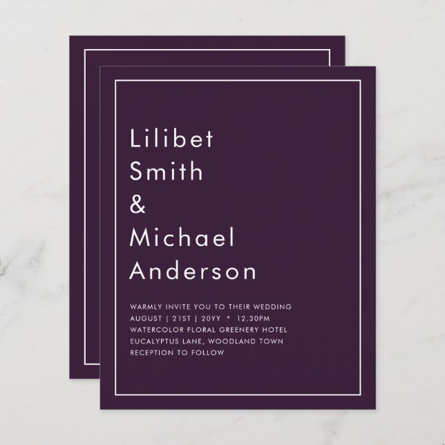 BUDGET Casamento PLUM PURPLE Monocromo Simples (Frente/Verso)