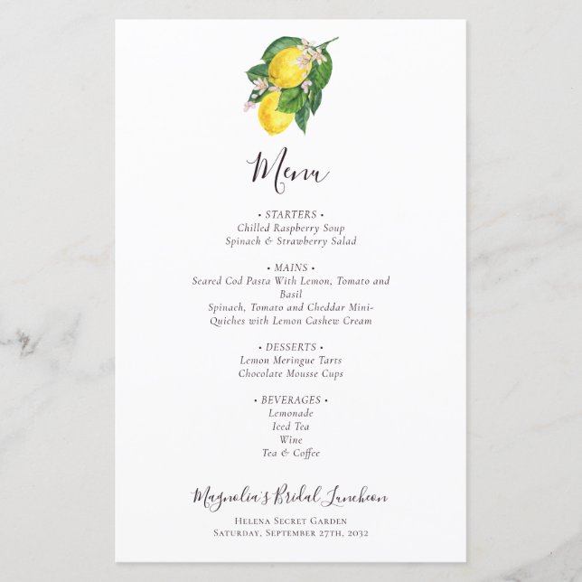 BUDGET Citrus Lemon Bridal Menu (Frente)