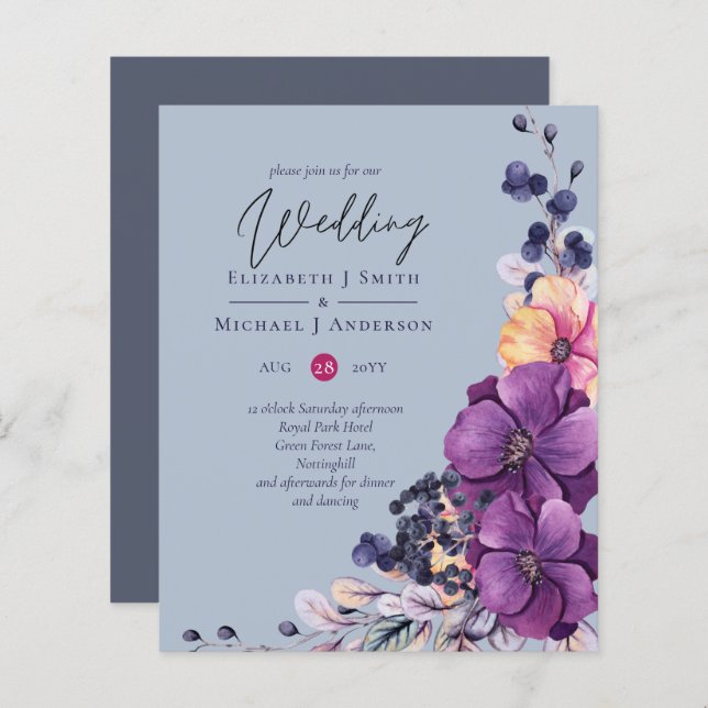 BUDGET Convites de casamento vermelhos roxos (Frente/Verso)