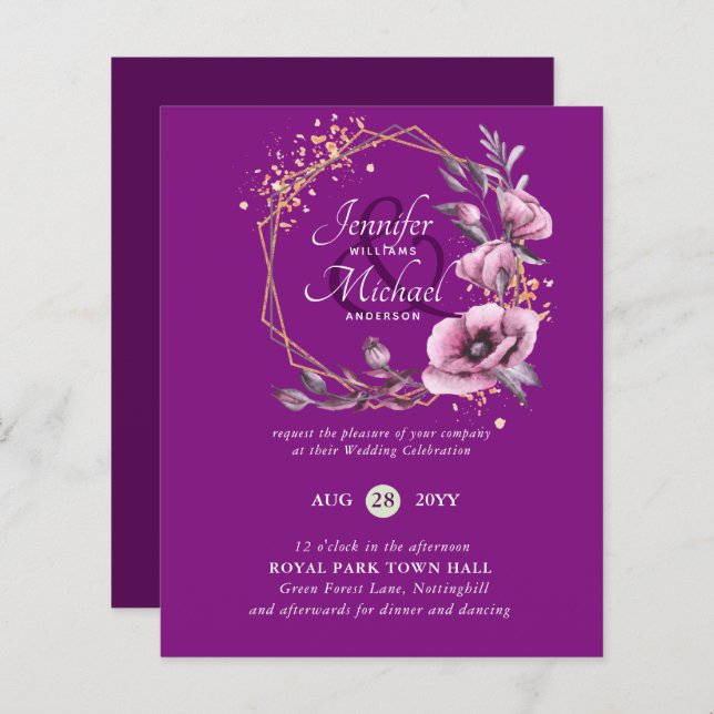 BUDGET Convites Dourados Florais Roxos (Frente/Verso)