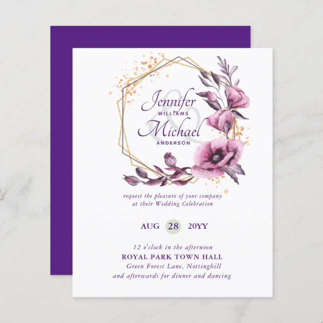 BUDGET Convites Dourados Florais Roxos (Frente/Verso)