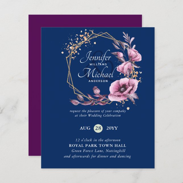 BUDGET Convites Dourados Florais Roxos (Frente/Verso)