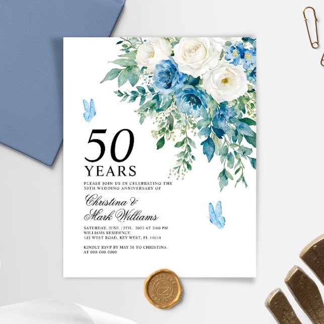 Budget Dusty Blue 50th Wedding Anniversary Invite (Criador carregado)