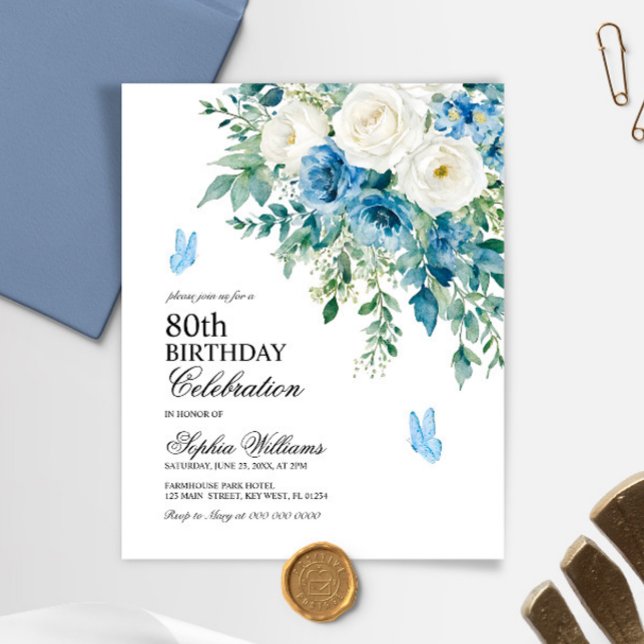 Budget Dusty Blue Flowers 80th Birthday invitation (Criador carregado)