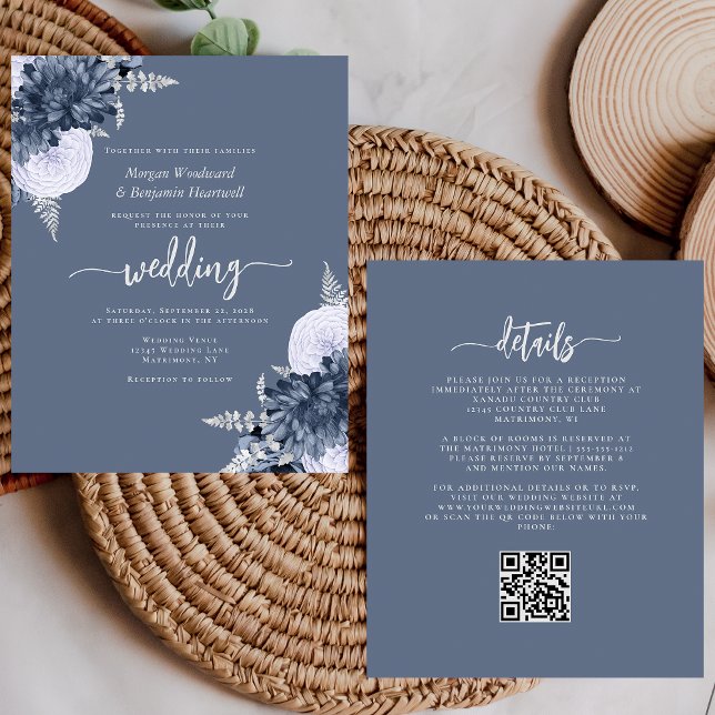 Budget Dusty Blue Silver Floral QR Code Wedding (Criador carregado)