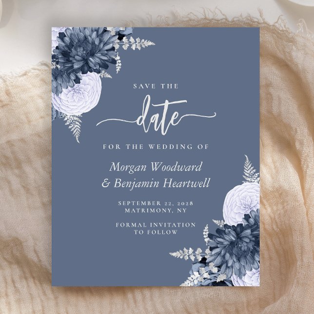 Budget Dusty Blue Silver Floral Save the Date (Criador carregado)