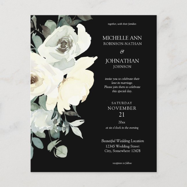 Budget Dusty Blue & Whi Floral Black Wedding Flyer (Frente)