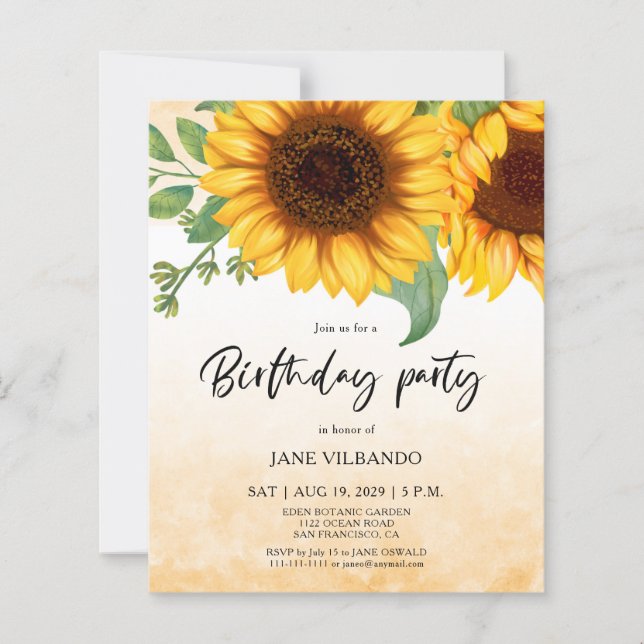 Budget Elegant Sunflower Birthday Party Invitation (Frente)