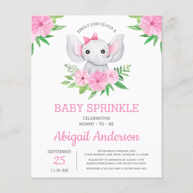 BUDGET Elephant Baby Sprinkle Convite Floral (Frente)