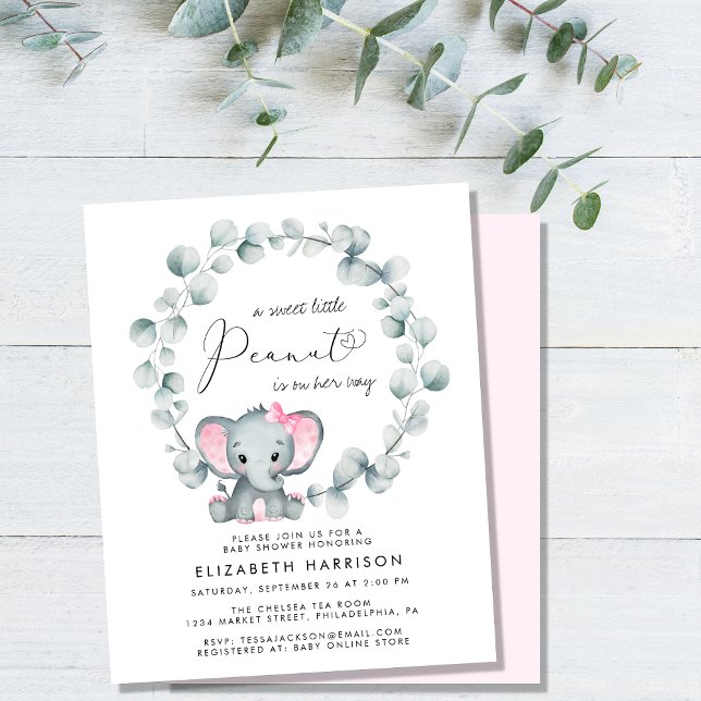 Budget Elephant Eucalyptus Girl Baby Shower Invite (Criador carregado)