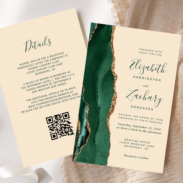 Budget Emerald Agate Champagne QR Code Wedding (Criador carregado)