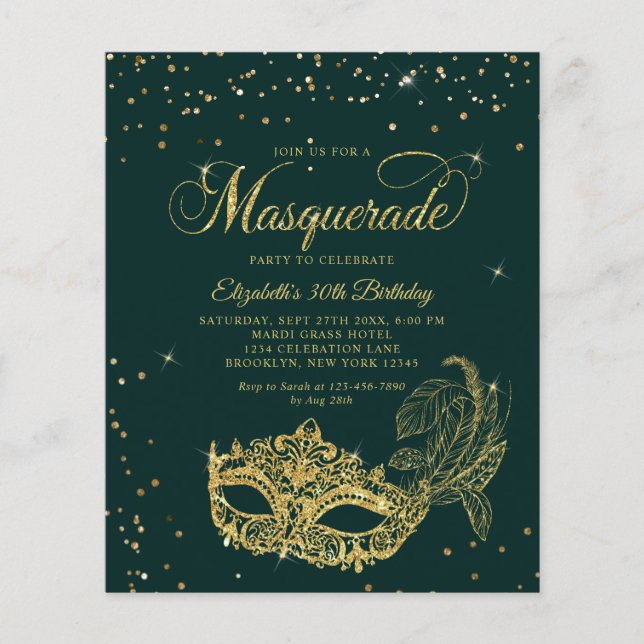 BUDGET Emerald Dourado Glitter Mascarada Aniversár (Frente)
