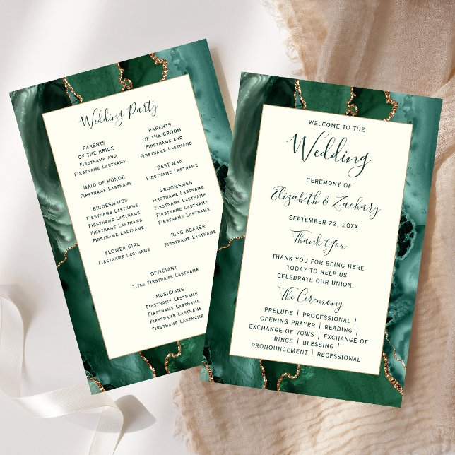 Budget Emerald Green Agate Ivory Wedding Program (Criador carregado)