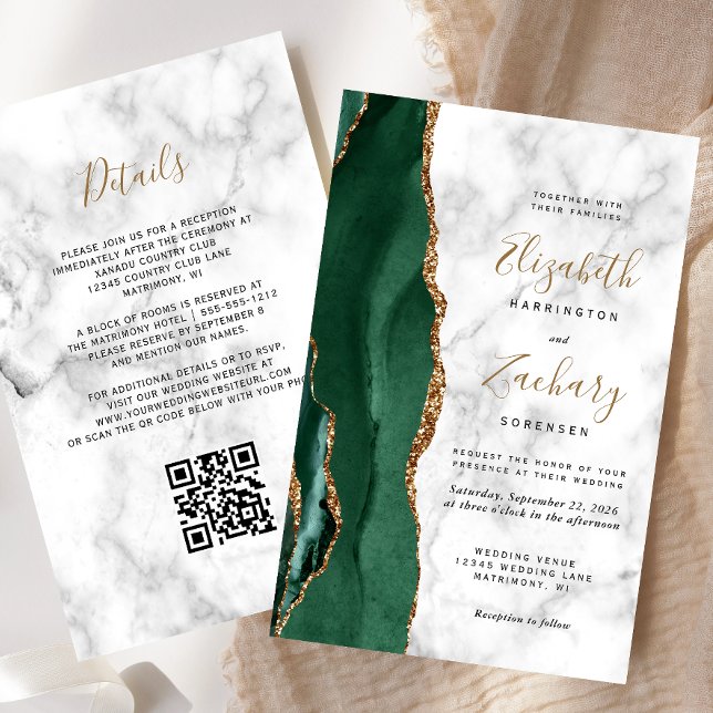 Budget Emerald Green Agate Marble QR Code Wedding (Criador carregado)