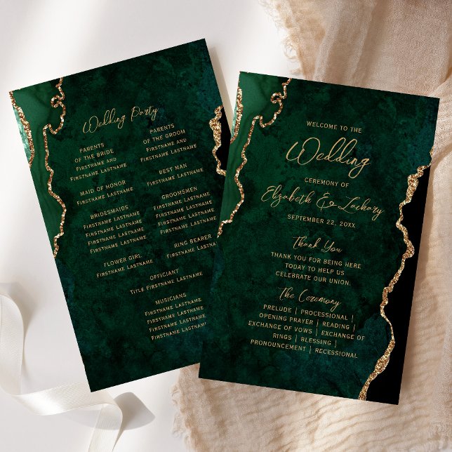 Budget Emerald Green Gold Agate Wedding Program (Criador carregado)