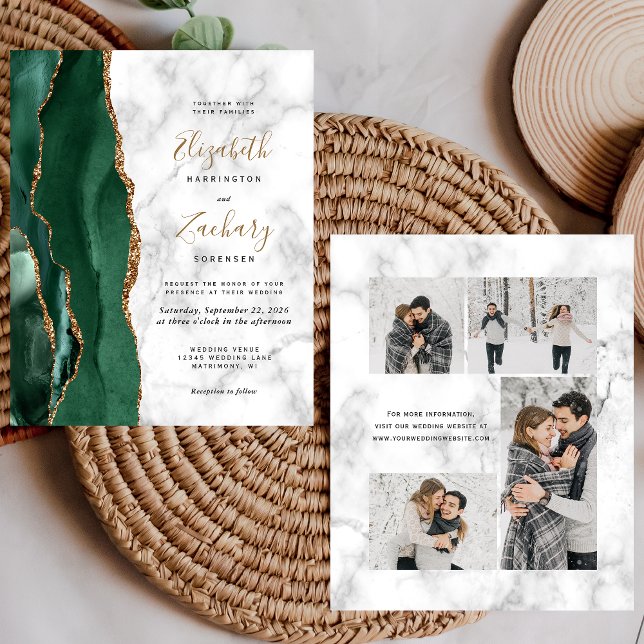 Budget Emerald Green Marble 4-Photo Wedding Invite (Criador carregado)