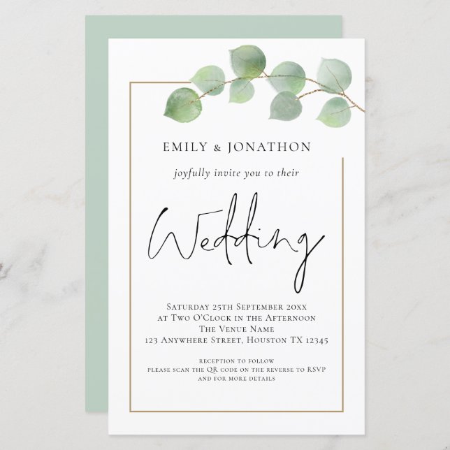 BUDGET Eucalyptus Código QR Convite para Casamento (Frente/Verso)