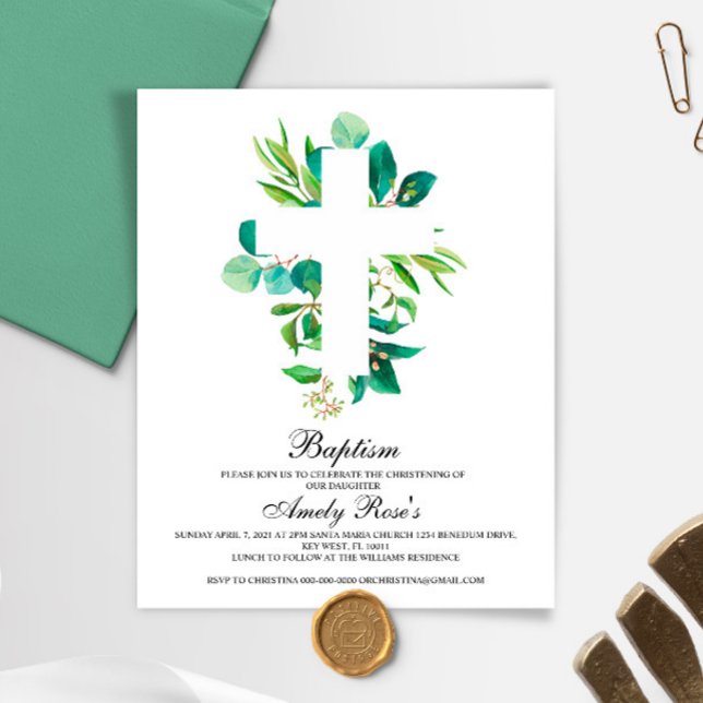 Budget Eucalyptus Leaves Cross Baptism Invitation (Criador carregado)