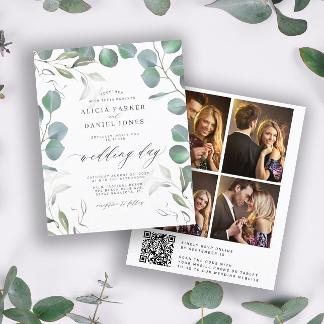 Budget eucalyptus QR CODE photo wedding Invitation (Criador carregado)