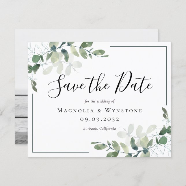 BUDGET Eucalyptus Watercolor Casamento Salva A Dat (Frente/Verso)