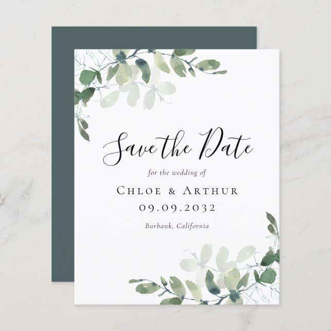 BUDGET Eucalyptus Watercolor Casamento Salva A Dat (Frente/Verso)