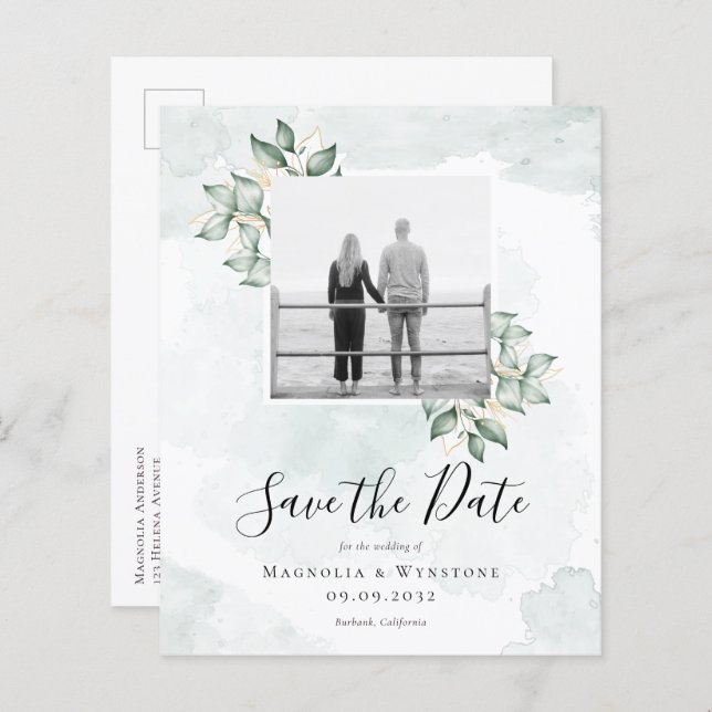 BUDGET Eucalyptus Weding The Date Card (Frente/Verso)