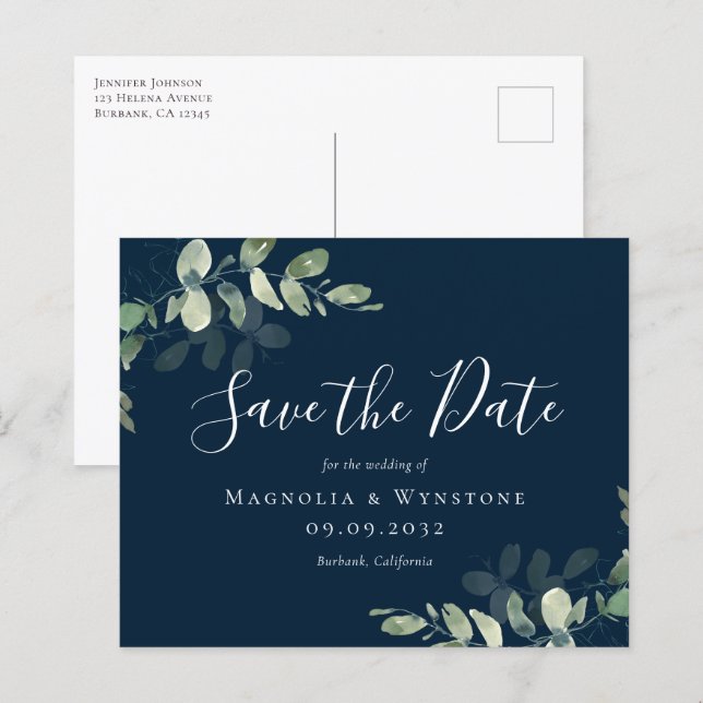BUDGET Eucalyptus Weding The Date Card (Frente/Verso)