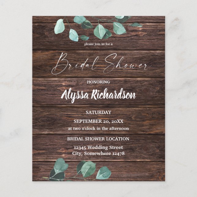 Budget Eucalyptus & Wood Bridal Shower Flyer (Frente)