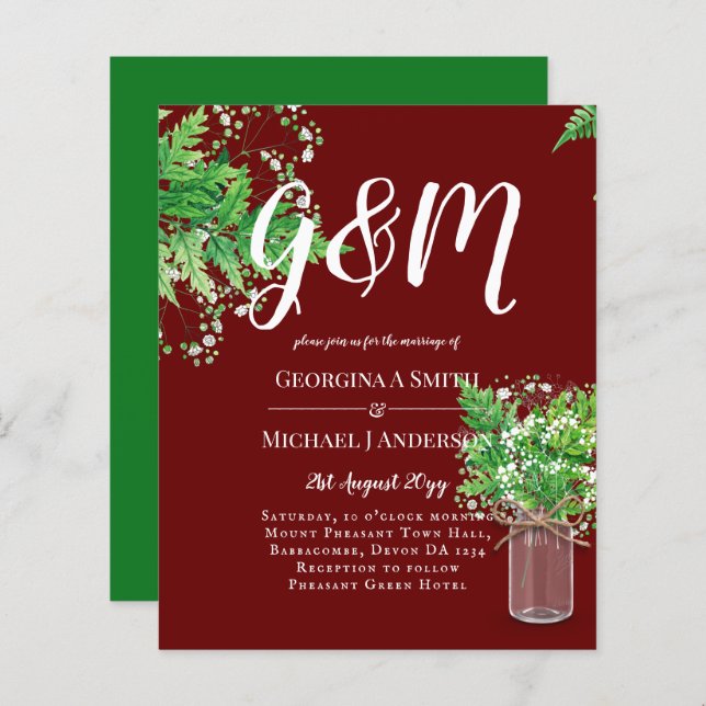 BUDGET Ferns Greenery Burgundy Convite de casament (Frente/Verso)